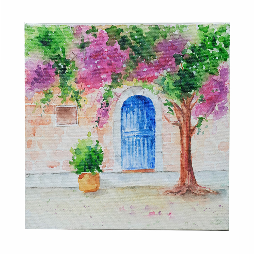 Exclusively hand-painted Water Colors art on Canvas (blue door n tree) by Penkraft